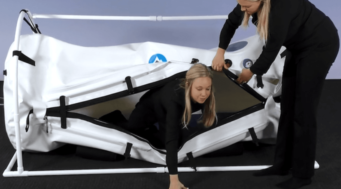 person getting out of hyperbaric chamber at home first session tips