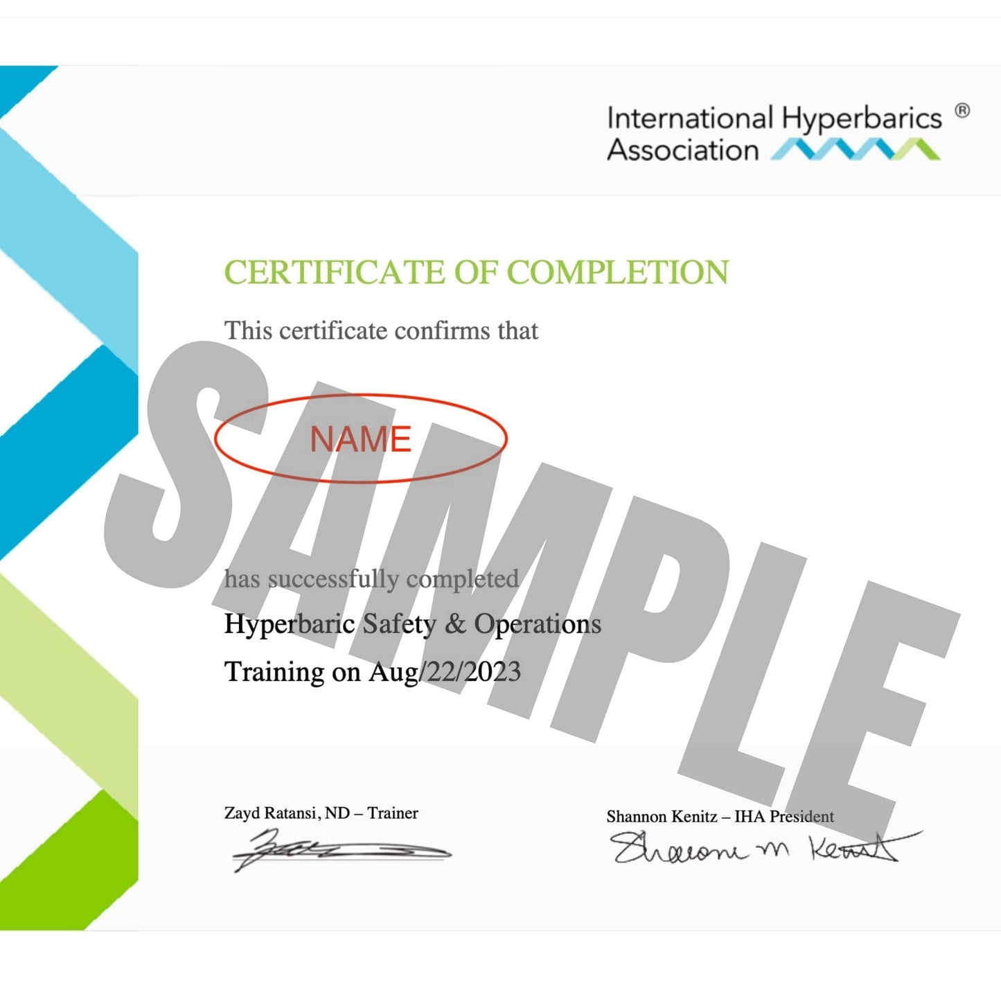 International Hyperbaric Association or IHA certification training certification 